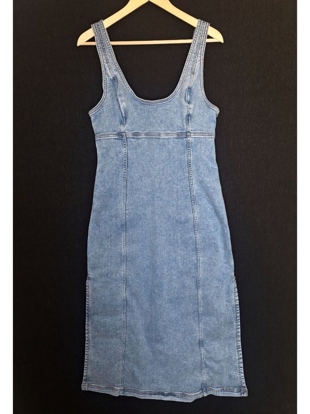 💙 American Eagle Denim Jeans Maxi Dress Size 12 Sleeveless Bodycon Stretch Zip